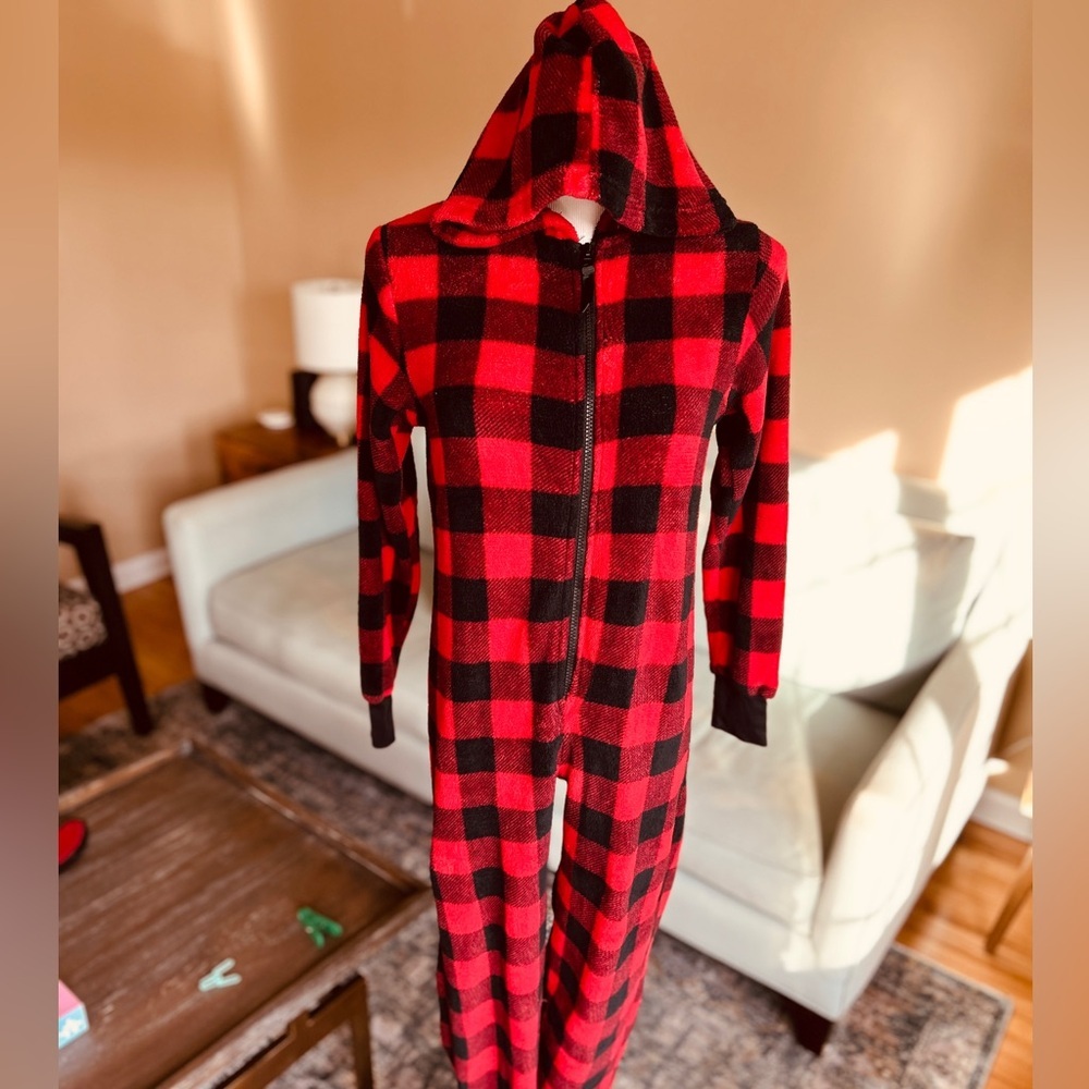 Totally Pink Buffalo Plaid Fleece Hooded Onesie Buffalo Women’s Size Large - Picture 4 of 15